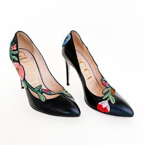 Gucci Ophelia Floral-Embroidered Pump EU 38 US 8 Black Leather High Heel Pointed